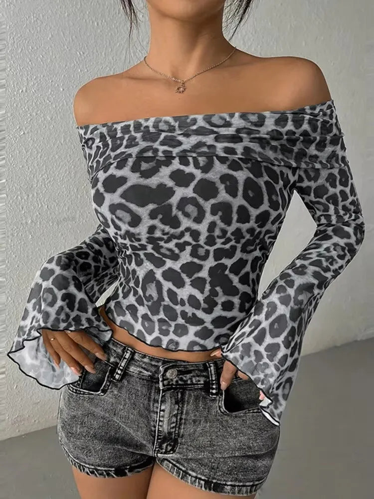 Sexy Off Shoulder Leopard Long Sleeve Tee