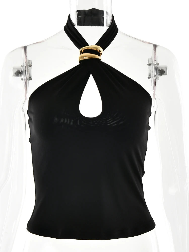Sexy Hollow Out Metal Ring Halter Crop Top