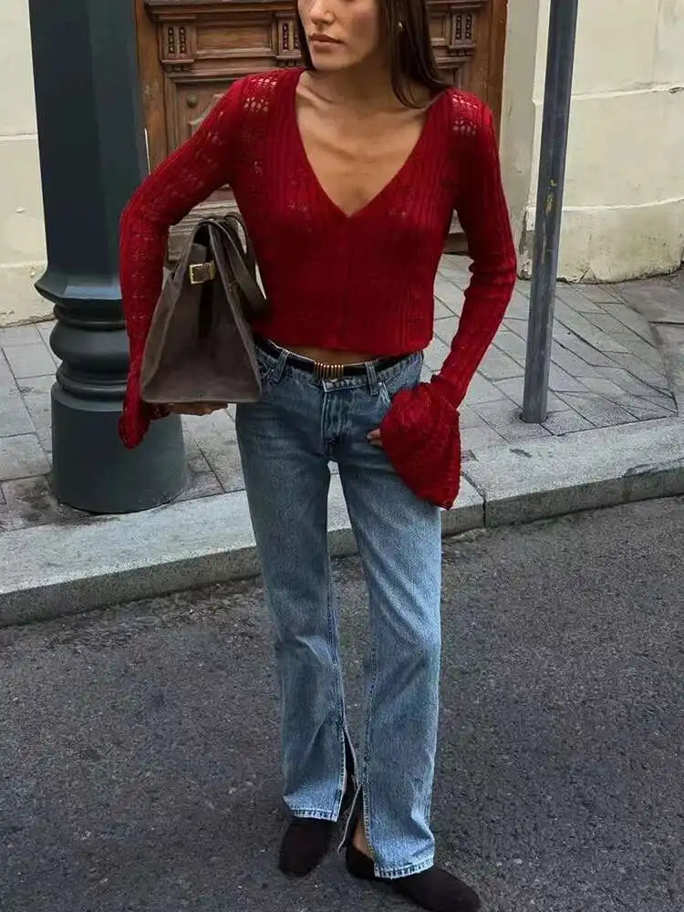 Cropped Τοπ "Breeze Knit" | Sheer, V-Neck & Flare Sleeves