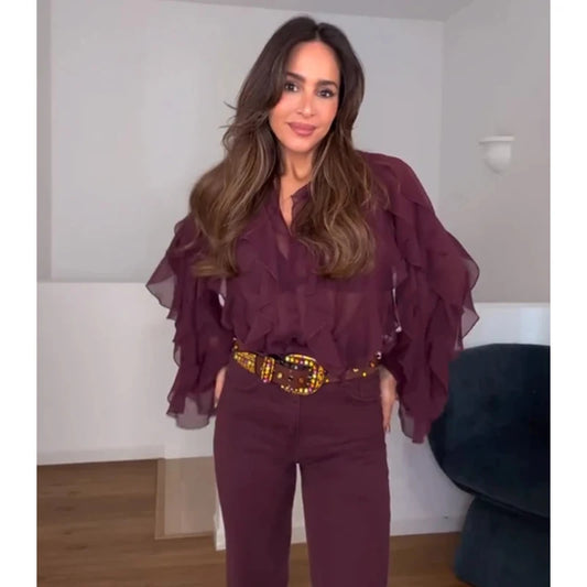 Μπλούζα "Fairy Ruffle" | Semi Sheer, Βολάν & Μανίκια Πεταλούδα | V-Neck & Άνετη Γραμμή