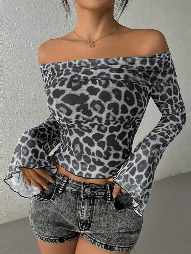 Sexy Off Shoulder Leopard Long Sleeve Tee