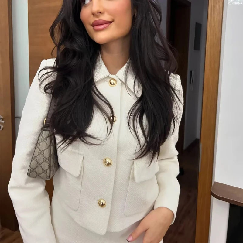 Set "Riviera Chic" | Λευκό Τουίντ 2 Τεμαχίων | Cropped Σακάκι & Μίνι Φούστα | Varsity