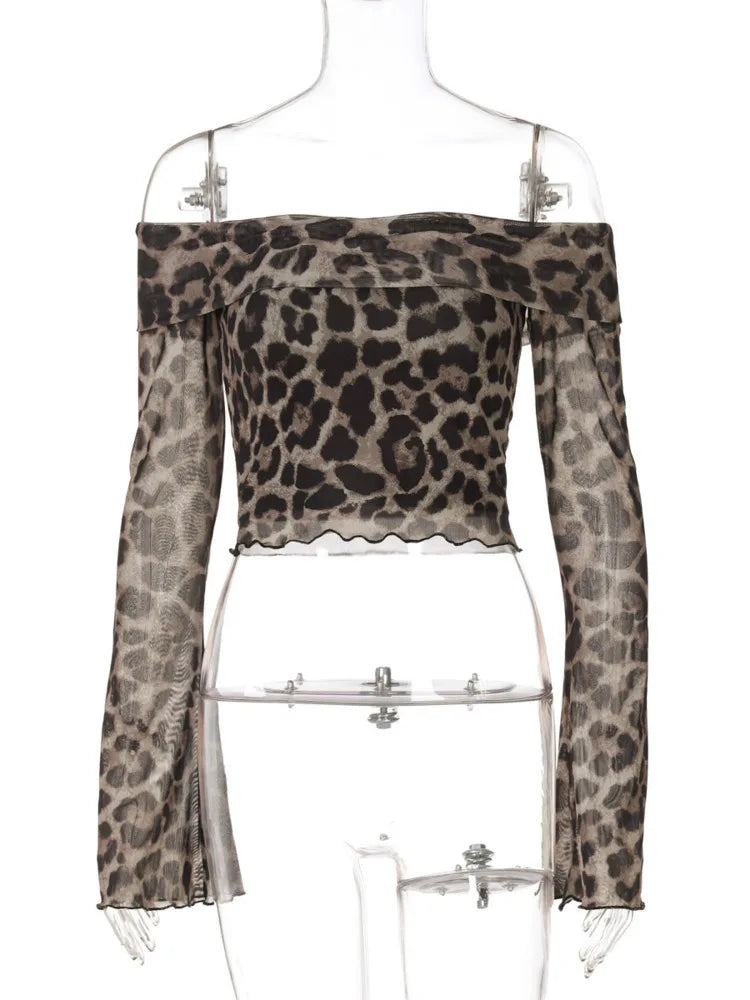 Sexy Off Shoulder Leopard Long Sleeve Tee