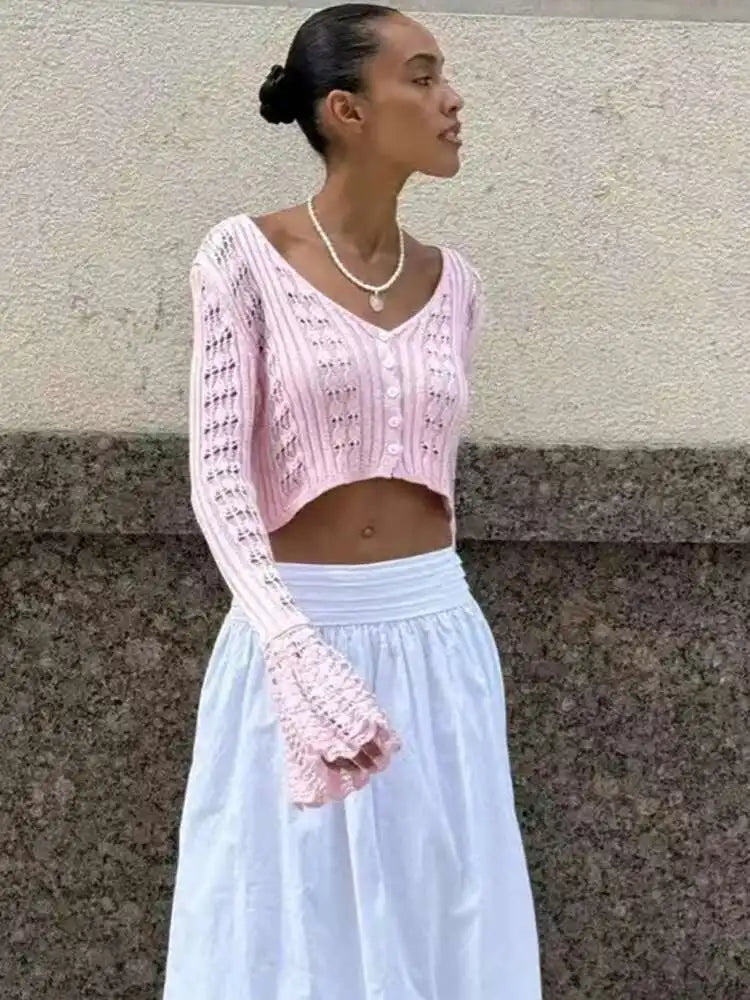 Cropped Τοπ "Breeze Knit" | Sheer, V-Neck & Flare Sleeves