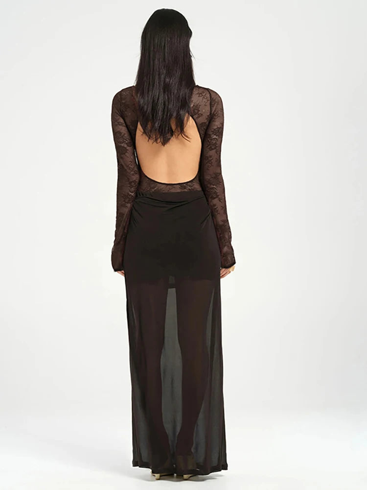 Maxi Φόρεμα "Backless Lace Gown" | Δαντέλα, Διαφάνεια & Ανοιχτή Πλάτη | Bodycon/Slim Fit