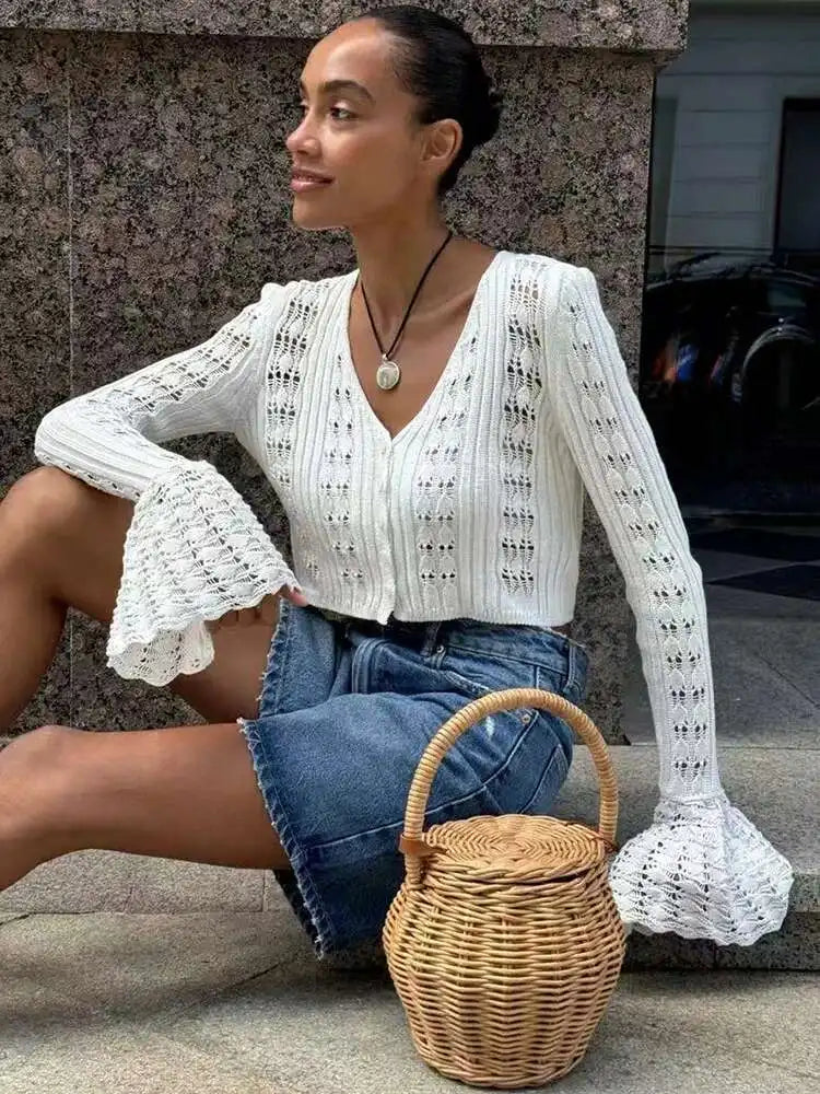 Cropped Τοπ "Breeze Knit" | Sheer, V-Neck & Flare Sleeves