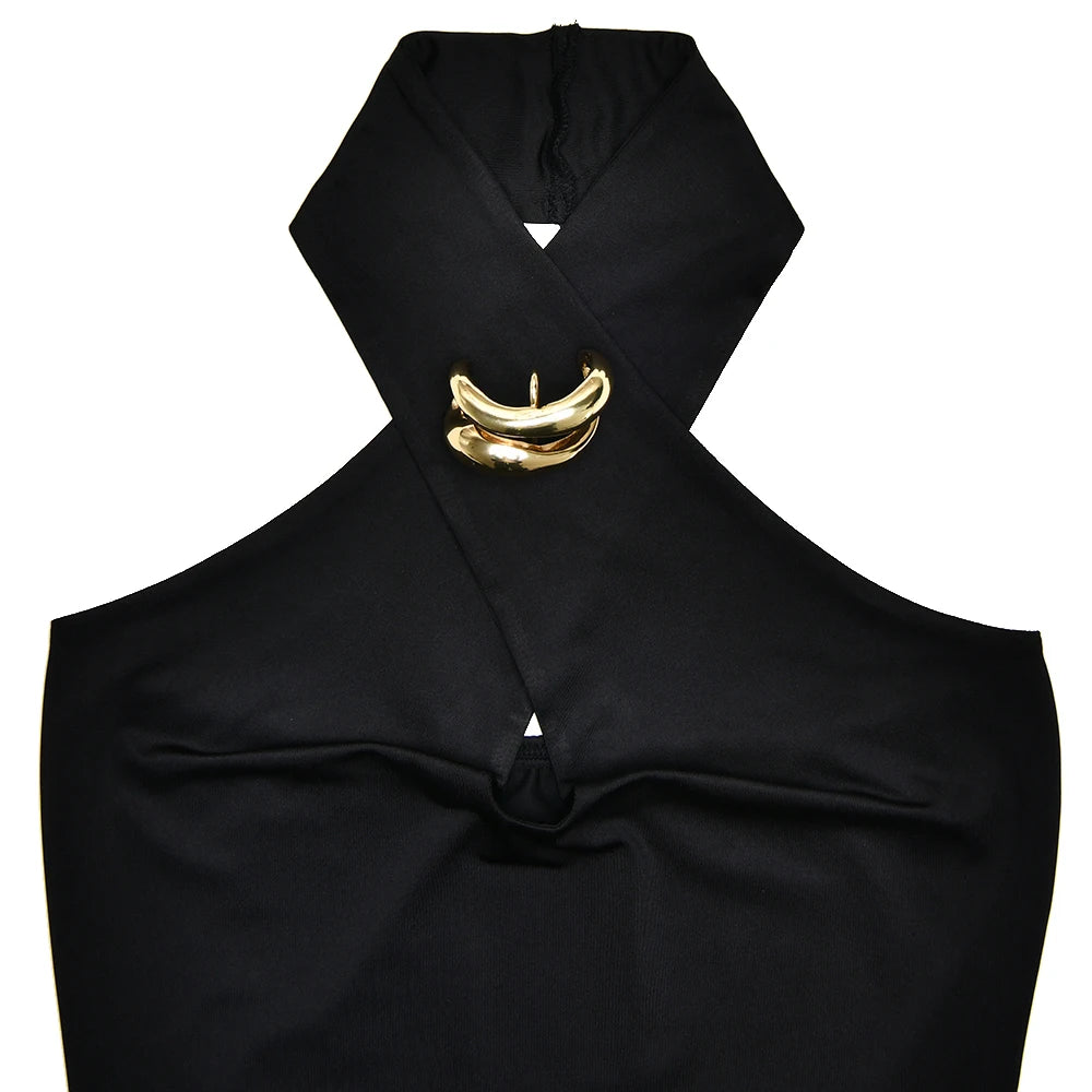 Sexy Hollow Out Metal Ring Halter Crop Top