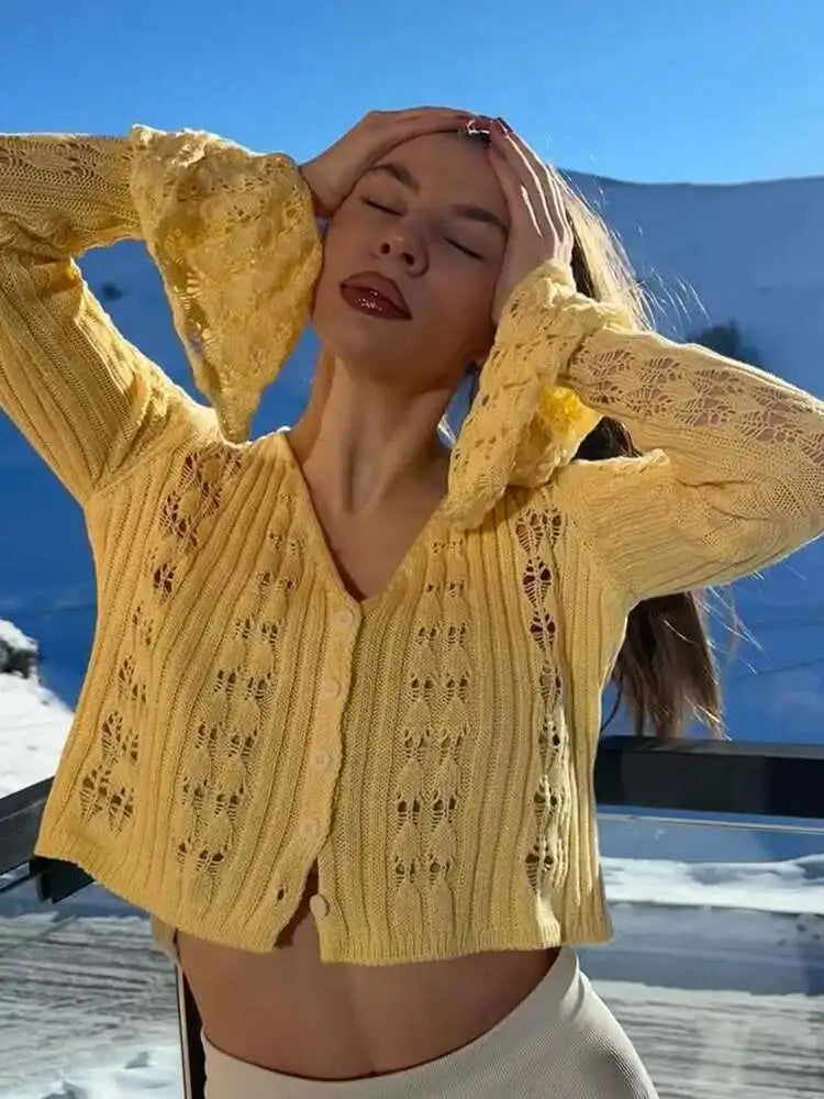 Cropped Τοπ "Breeze Knit" | Sheer, V-Neck & Flare Sleeves