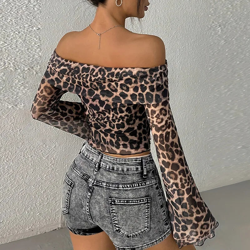 Sexy Off Shoulder Leopard Long Sleeve Tee