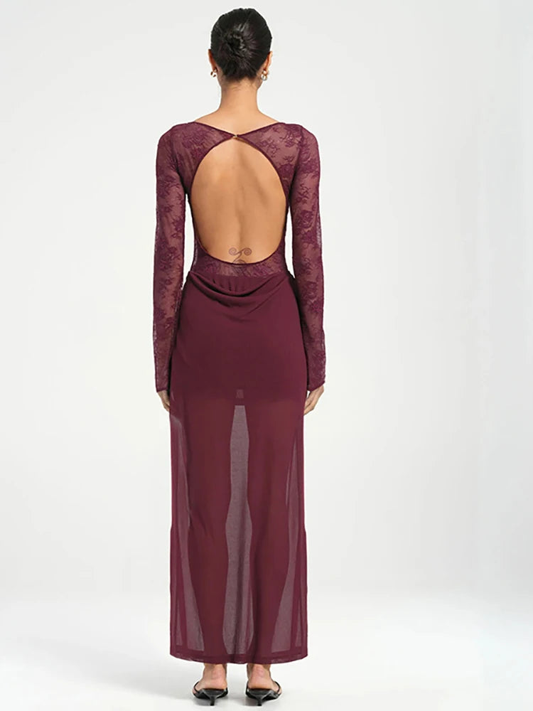 Maxi Φόρεμα "Backless Lace Gown" | Δαντέλα, Διαφάνεια & Ανοιχτή Πλάτη | Bodycon/Slim Fit