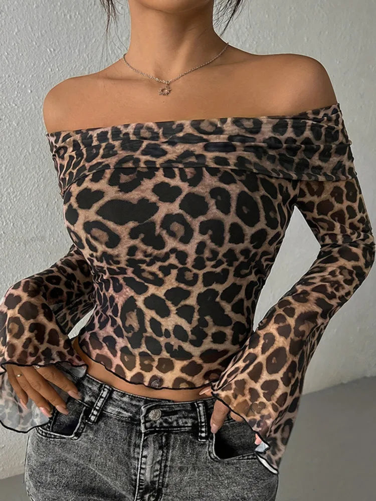 Sexy Off Shoulder Leopard Long Sleeve Tee