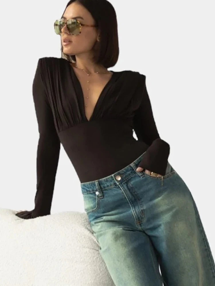 Sexy Deep V-Neck Long Sleeve Black Bodysuit